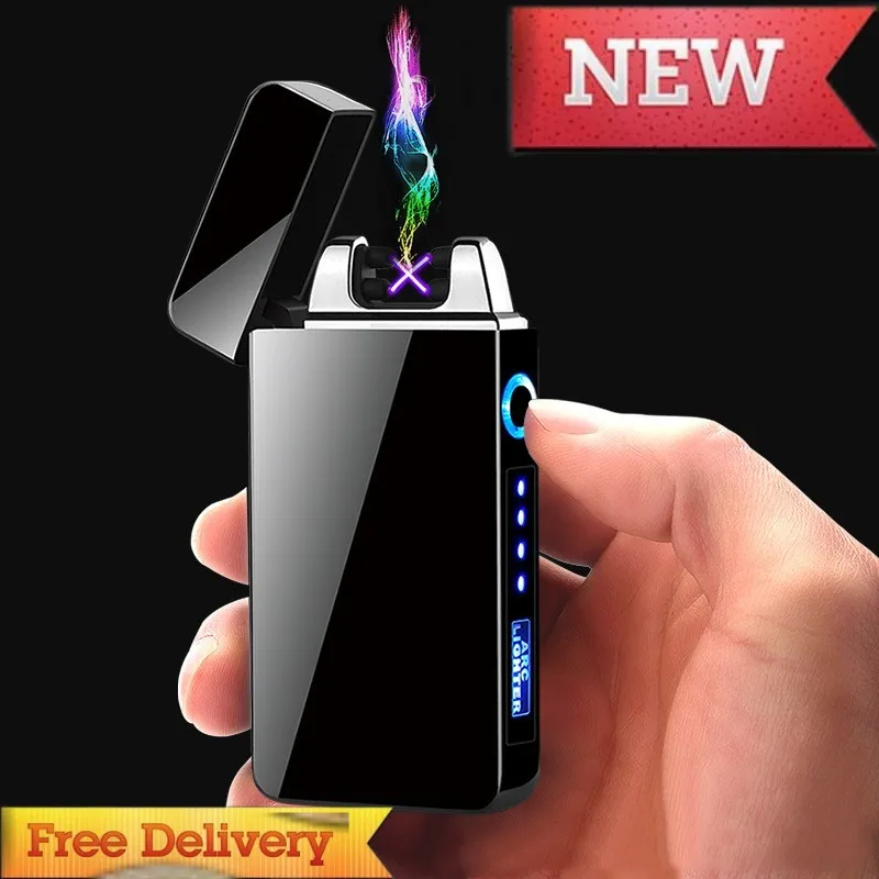 

Hot Metal Outdoor Windproof Pulse Cross Double Arc USB Electric Lighter Touch Sensing LED Display Power Durable Life Men's Gifts