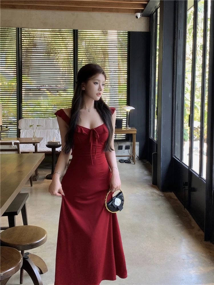 Spaghetti Strap Knitted Dresses for Women Lace-up Slim Solid Square Collar Elegant Sexy Korean Fashion Vestidos Mujer New