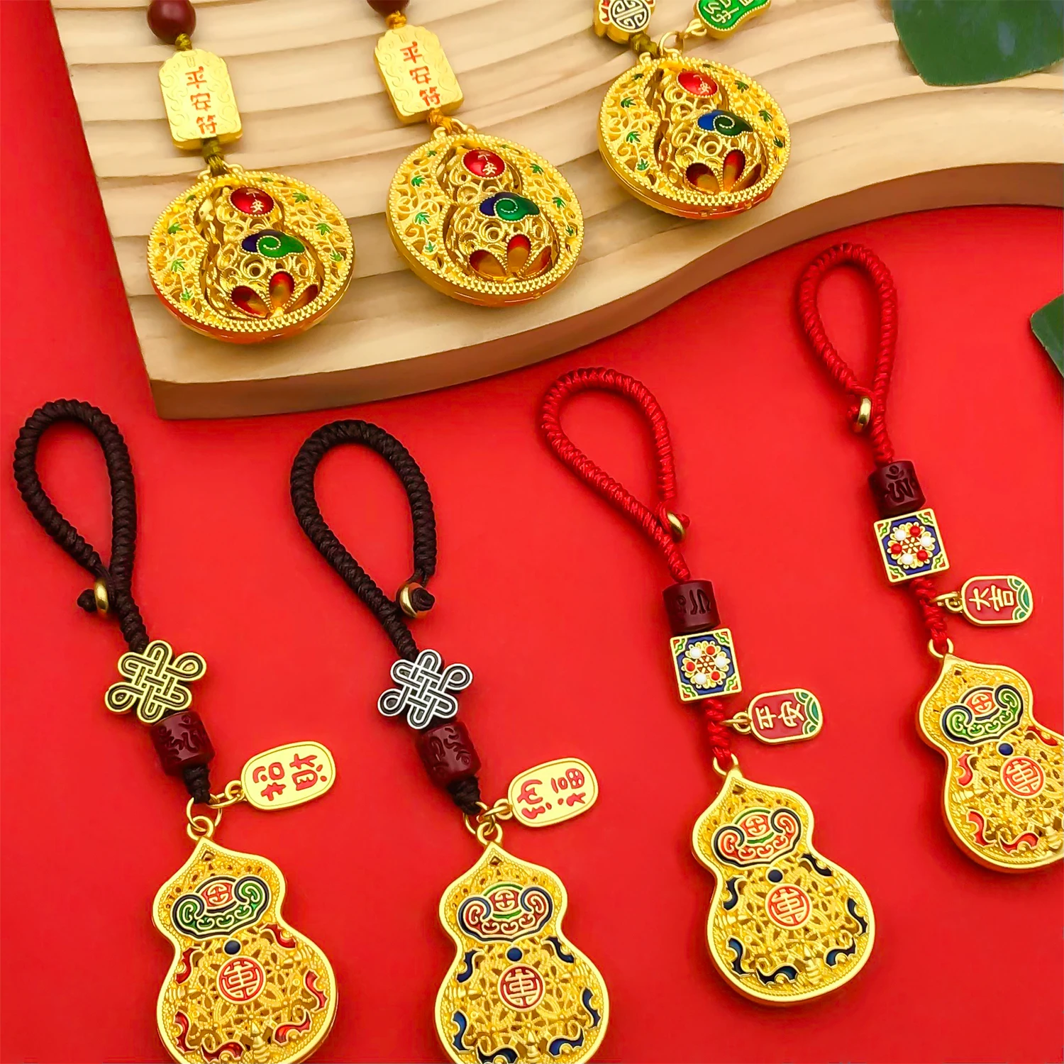Drip-Painted Red and Gold Chinese Charms (Calabash & Fortune Lock) - Perfect for Jewelry Crafting