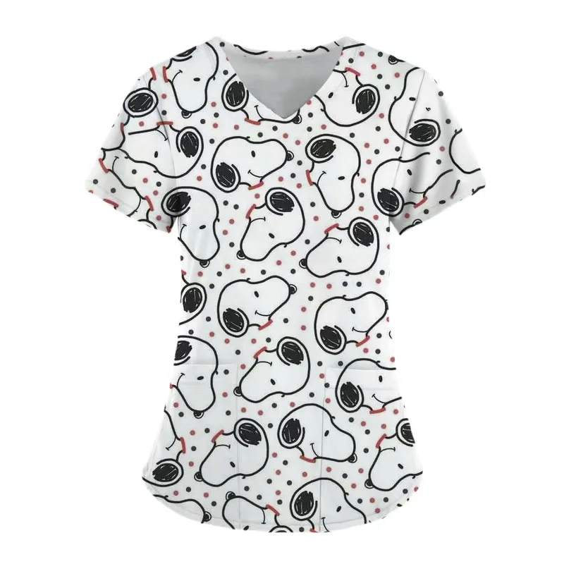 thumbnail image 1 of Camiseta de Snoopy de Estados Unidos para mujer, uniformes de trabajo hospitalarios informales, ropa de trabajo de cuello en V y manga corta, ropa de enfermera de dibujos animados para mujer, 1 of 4