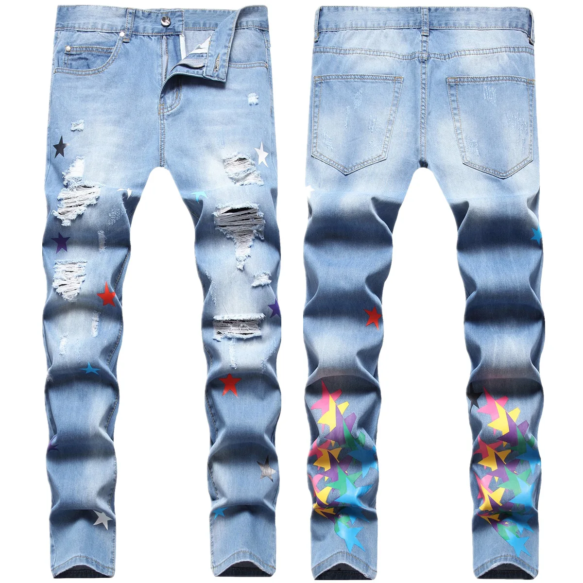 

Western hip hop style west coast hipster men four ripped stars digital print small straight leg jeans