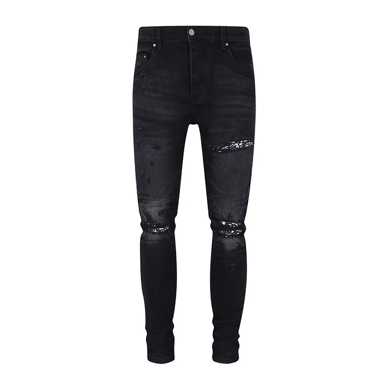 High Street Fashion Men Jeans Elastic Retro Black Gray Skinny Fit Ripped Jeans Men Bandanna Patched Designer Hip Hop Brand Pants