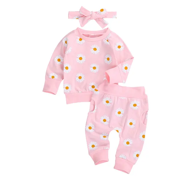 Spring New Fall Autumn Infant Baby Girls 3Pcs Set Long Sleeve Lovely Print Top Pants Headband Toddler Outfits Clothes B