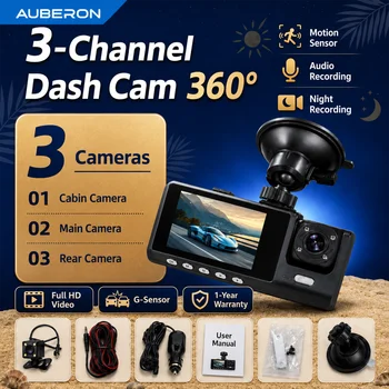 Dash Cam a 3 Canali 1080P con Telecamere Anteriore, Posteriore e Interna, Angolo di Visione 170°, Visione Notturna, Registrazione in Loop, Sensore G, Telecamera Posteriore per Auto DVR