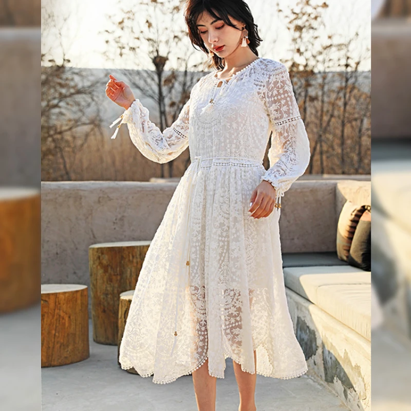 

Vintage Long Sleeve Dress Spirng Summer Elegant Loose Ladies Vestidos Cotton Floral Embroidery White Lace Dresses for Women Robe