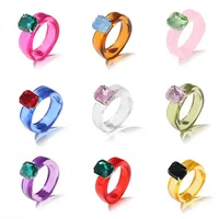 Fashion Dopamine Color Transparent Resin Plain Circle Inlay Imitation Gemstone Square Rings for Women Jewelry Accessories Gifts