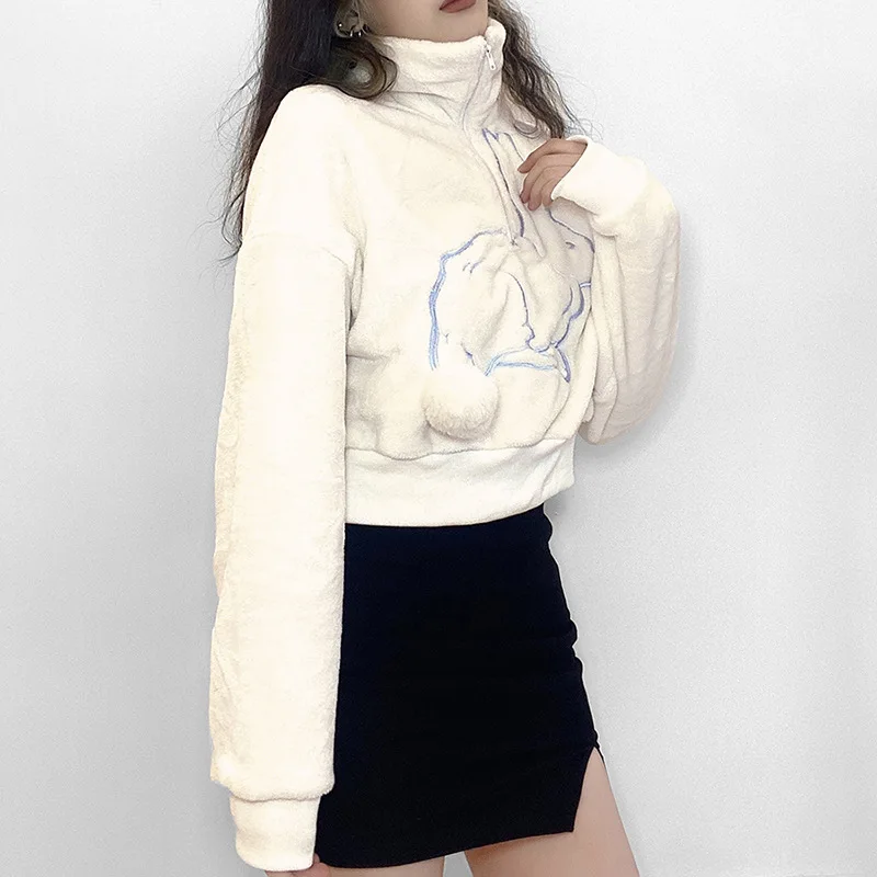 2024 New Woman Apricot Hoodie Fall and Winter New Women's Loose Rabbit Embroidery Pullovers Half Zipper Long Sleeve Sweatshirt
