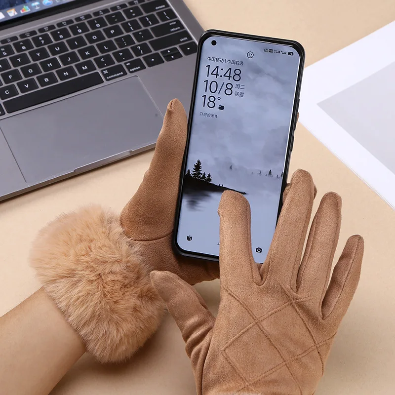 Women Touch Screen Gloves Elegant Full Finger Mittens Autumn Winter Warm Cycling Drive Suede Fabric Windproof Gloves