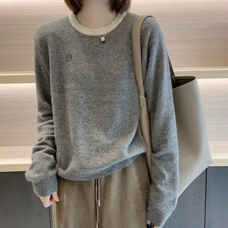 Women's Pullover Patchwork Embroidery Round Neck Knit Spring and Autumn Fashion Loose Long Sleeve Sweater Casual Bottom Tops