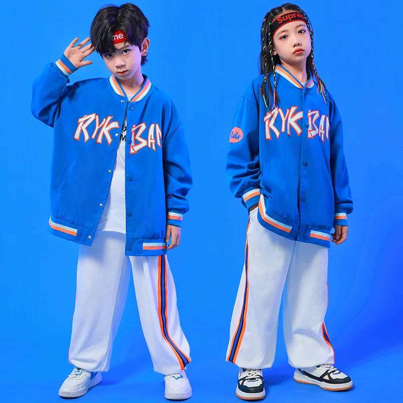 Kid Hip Hop Clothing Blue Baseball Cardigan Shirt Jacket Top White Casual Jogger Pants for Girl Boy Jazz Dance Costume Clothes