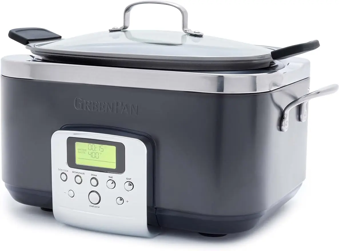 

GreenPan 8-в-1 6QT программируемая электрическая Медленная Плита с крышкой для посудомоечной машины и фотографией, Графитовая