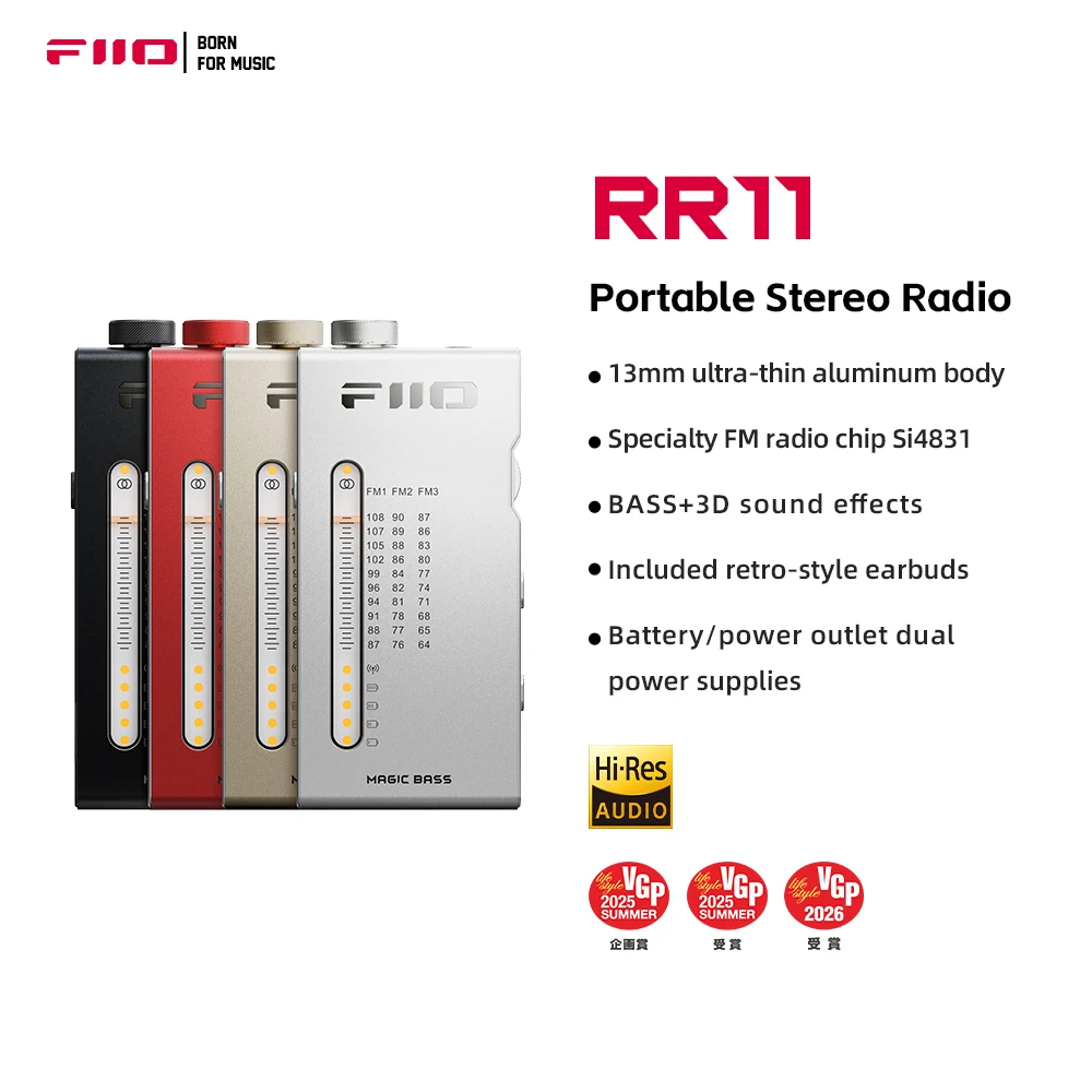 FiiO RR11 Portable HiFi FM Stereo Radio Receiver with analog PVR tuning BASS+3D sound effects 64MHz-108MHz