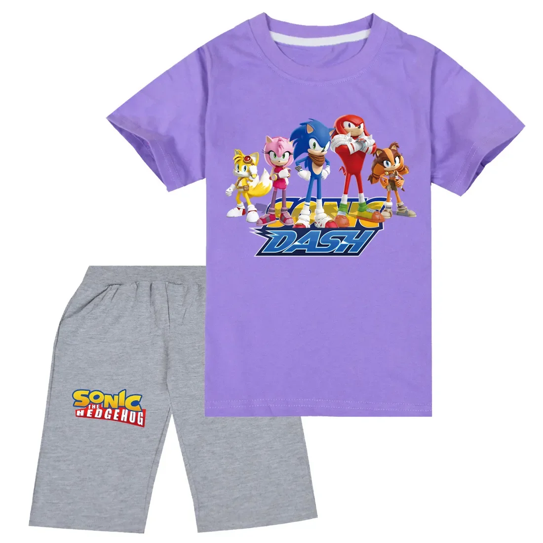 

Boys and Girls Suits New Cartoon Sonic Short-sleeved T-shirt + Gray Shorts Suit