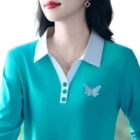Ele Embroidered Long Sve  irt for Women Collared Base Layer Top Anti-Aging Spring Autumn Wear Polyester Fiber