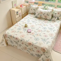 Botanical Floral Flat Sheet Set Kawaii Butterfly Print Bed Sheet with 2 Pillowcase, Cotton Sheets Set Farmhouse Style Bed Cover 2
