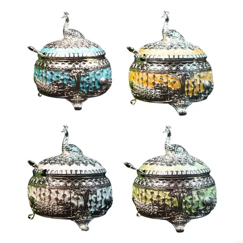 N2UC Decorative Peacocks Sugar Jar with Lid and Spoon Tabletop Adornment for Home