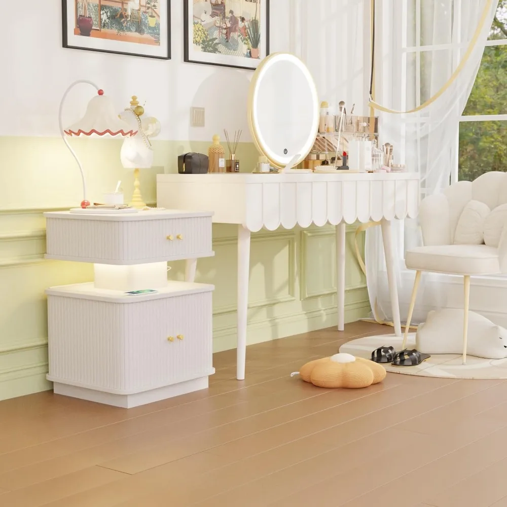 LED Bedside Table, Modern Bedside Table with Charging Station, Bedside Table with 2 Drawers and Sliding Door, White 2
