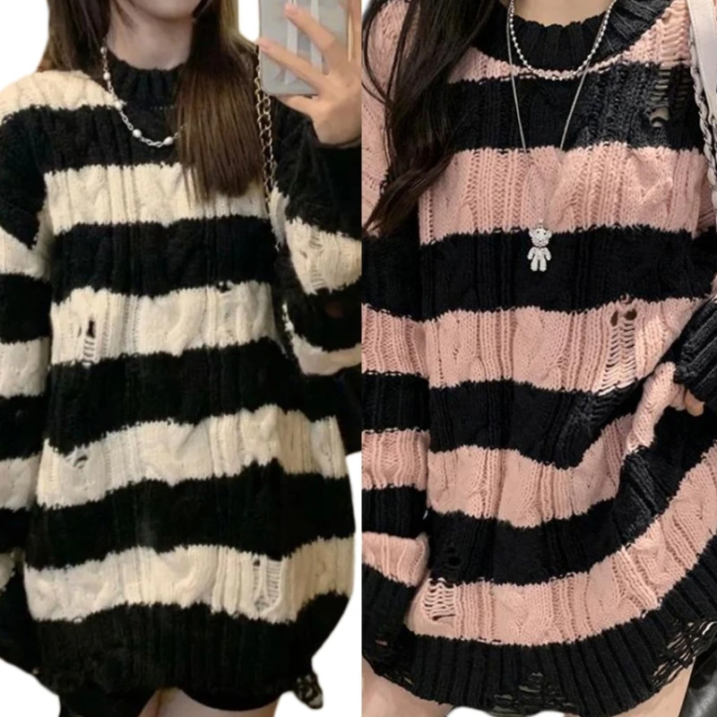 

Women Long Sleeve Crewneck Pullover Sweater Hollow Out Ripped Hole Cable Knit Striped Casual Loose Jumper Top Streetwear 10CF