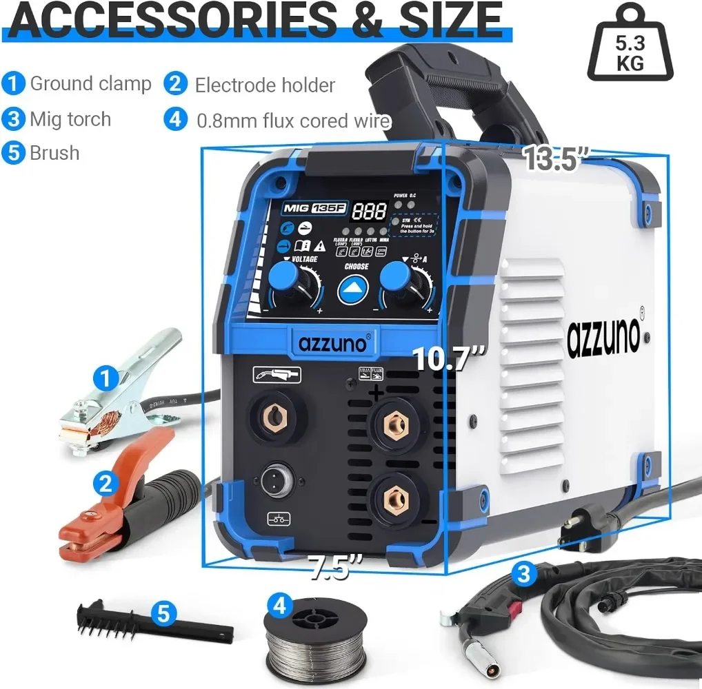 135 Amp MIG Welder, 3 in 1 Multiprocess Welder 110V Flux Core Welder Flux MIG/Lift TIG/Stick Welding Machine Synergic Control 6