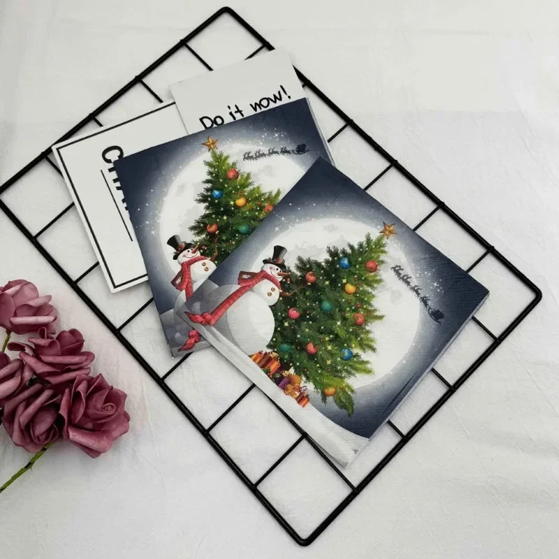 Christmas Party Decoration Paper Christmas Tree Snowman Printed Disposable Napkin Element Wine Glass Flower 20p