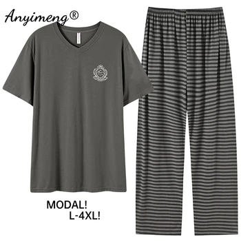 Pigiama da uomo di moda con scollo a V maniche corte a maniche lunghe fondo morbido modale fresco estivo homewear elastico in vita pigiama di grandi dimensioni 1