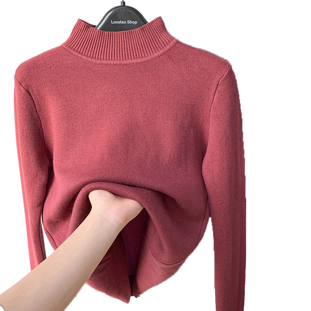 

Women Autumn Winter Half High Collar Thickened Fleece Lined Top Knit Sweater Thick Jumper Pullover Classic Base Ladies Sweater