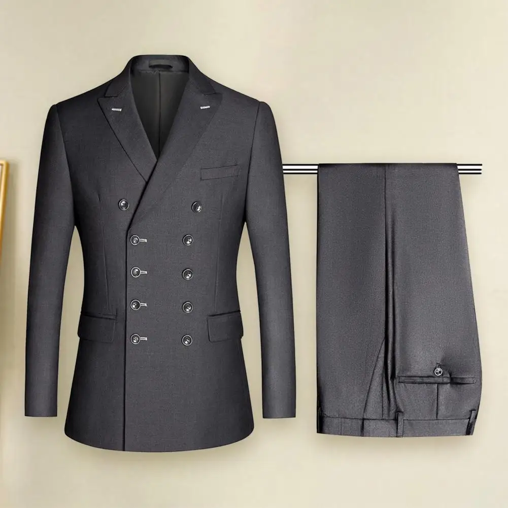 Description Picture 5 of itemSuit Jacket Long Sleeves Lapel Double-breasted Placket Straight Down Hem Business Flip Pockets Men Blazer Pants Business Suit