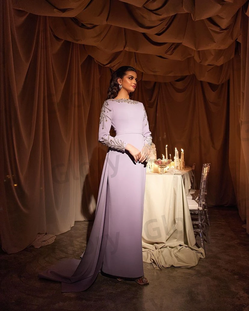 Lilac Evening Dresses Crystal Backless Long Sleeves Prom Dresses Removable Train Mermaid Gorgeous Saudi Arabia Customized