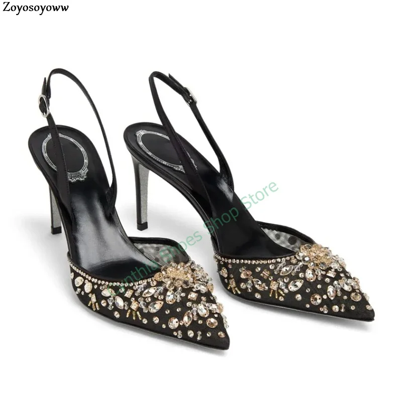 

Graceful Crystal Mesh Lace Woman Stiletto Heel Wedding Sandals Pointed Toe Thin High Heel Lady Buckle Ankle Strap Party Shoes