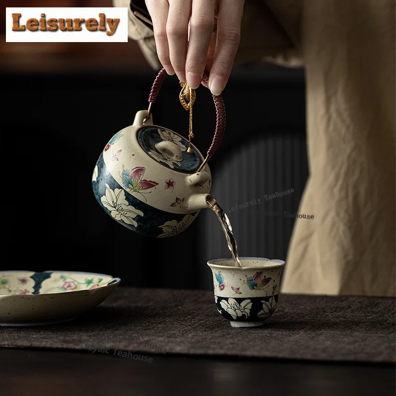220ML Hand Painted Butterfly Lily Caramel Lifting Handle Teapot Zen Tea Infuser Pot Tea Soaking Kettle With Ball Hole Drinkware