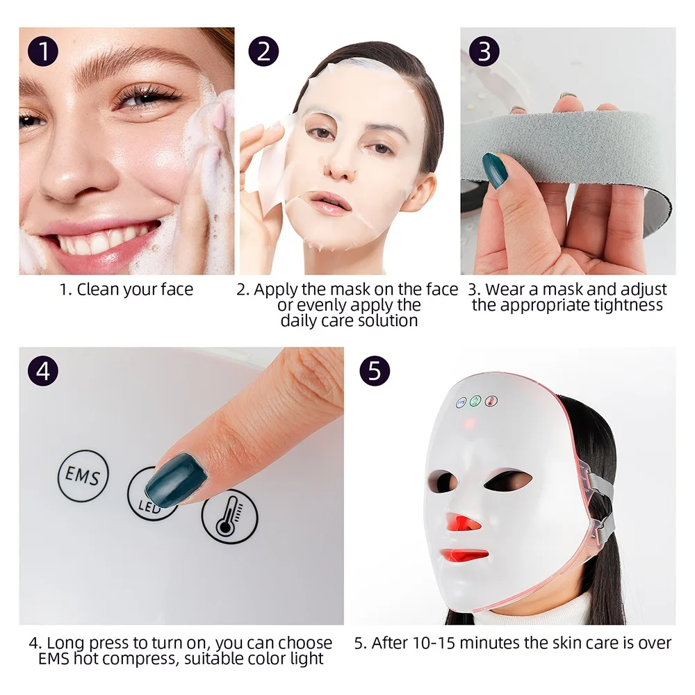 EMS Heating Therapy 7 Colors LED Photon Face Mask Beauty Microcurrent Skn Tighten EMS Mask Wireless Use Firming Skin Anti Acne