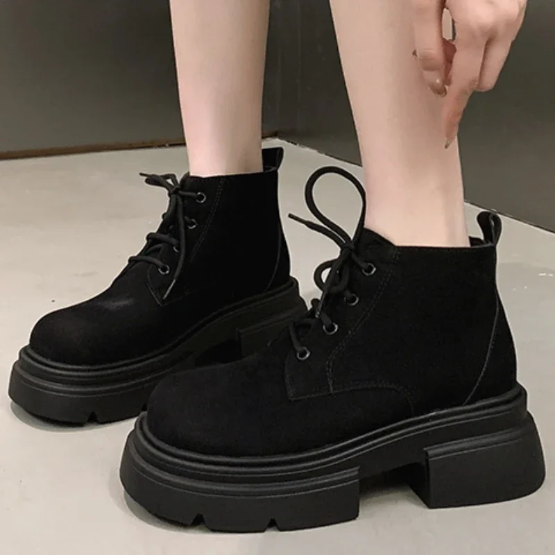 

Женские ботинки на шнуровке, однотонные непромокаемые ботинки из флока с круглым носком, на среднем каблуке, модная зимняя обувь, 2023