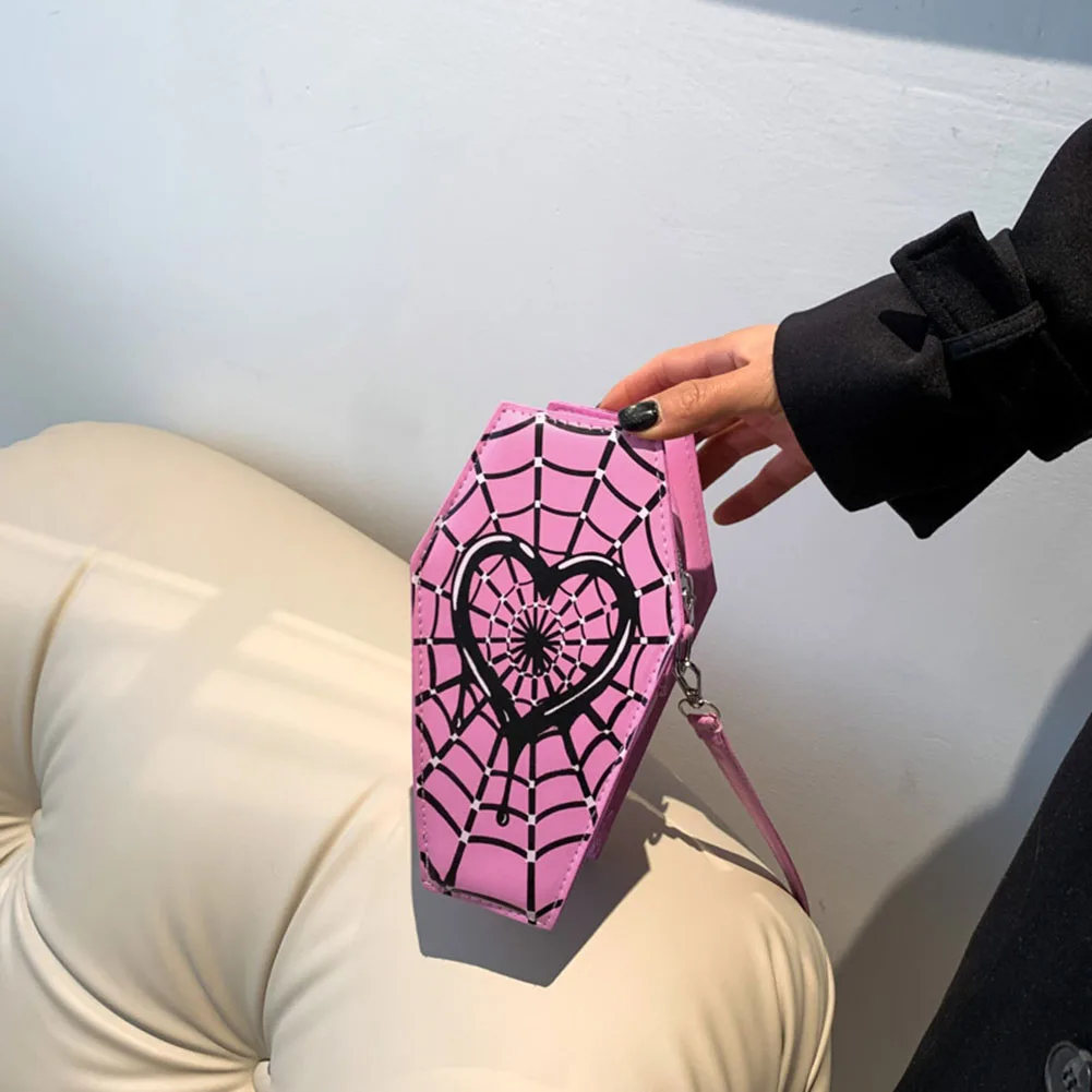 Women Stylish Crossbody Bag Adjustable Strap Coffin Shaped Casual Satchel Bag Spider Web Novelty Messenger Bag Trendy Sling Bag