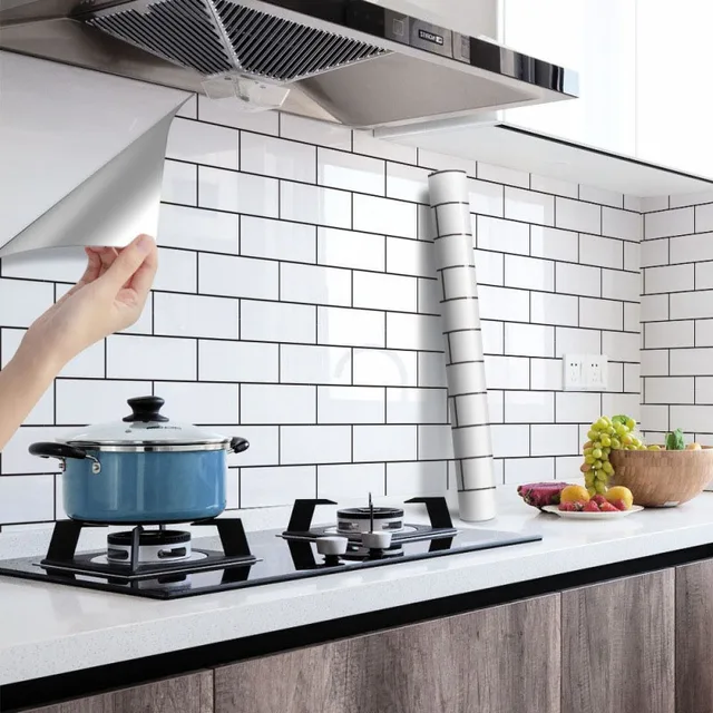 วอลล์เปเปอร์ติดผนังลายอิฐขาวกันน้ําและน้ํามันตู้ครัววอลล์เปเปอร์ทนต่ออุณหภูมิสูง 40 ซม 1