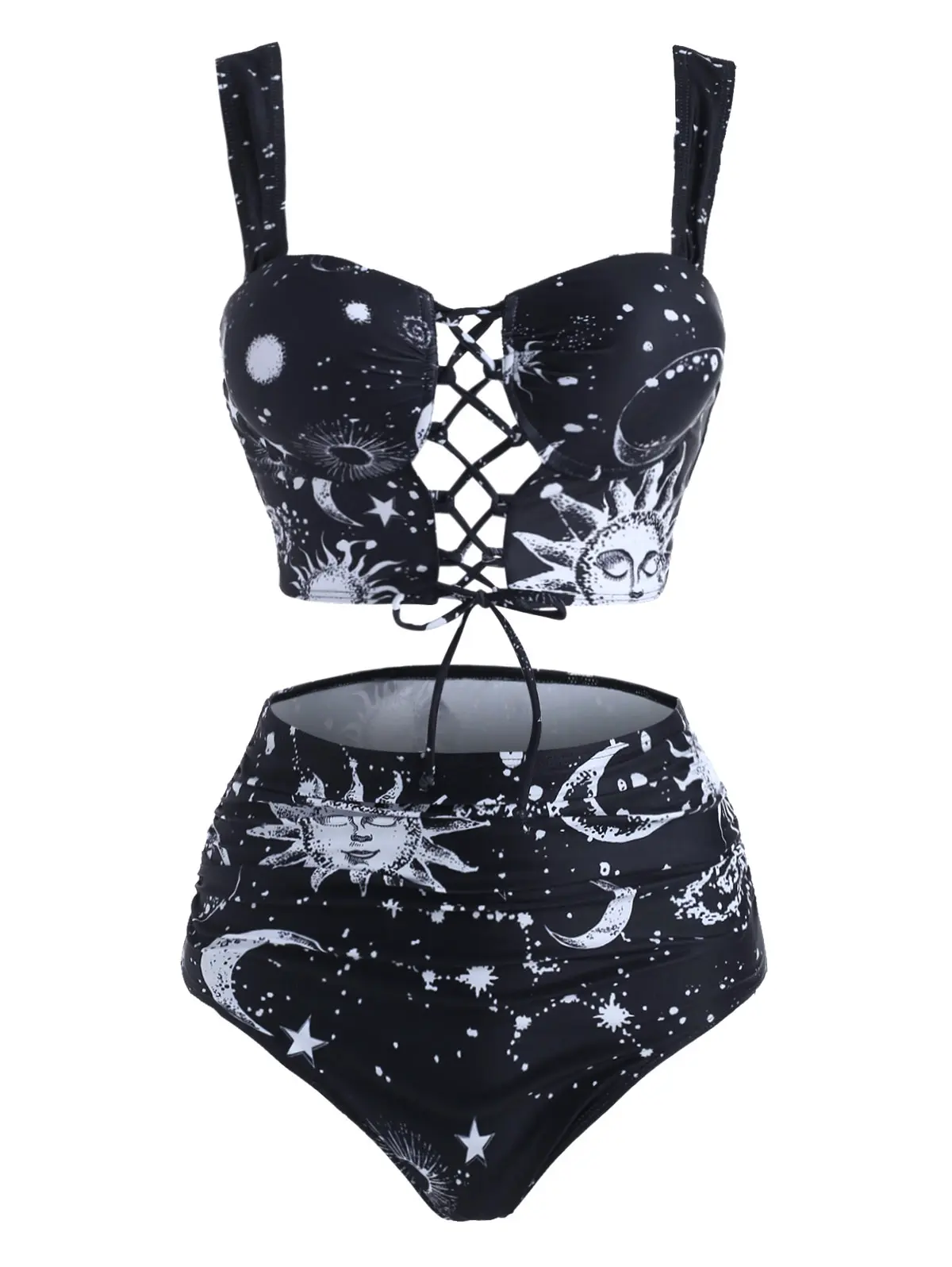 Sexy Women Swimsuit Padded Swimwear Moon Sun Star Print Lace Up Tummy Control Tankini Set Beach Wear Bathing Suit Biquini 1
