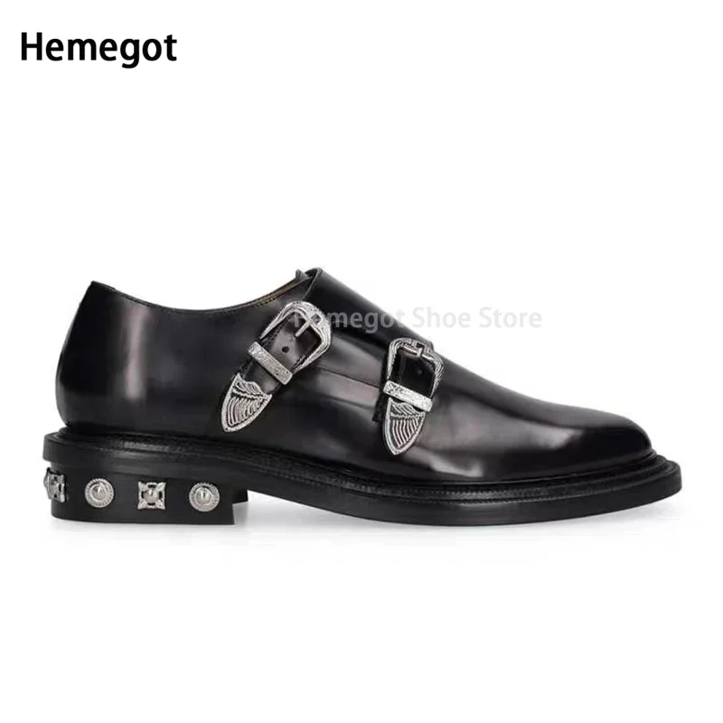 

Studded Black Leather Shoes for Men Metal Buckle Design Men's Round Toe Shoes Retro Stylish Slip-On Luxury Brand Loafers New In