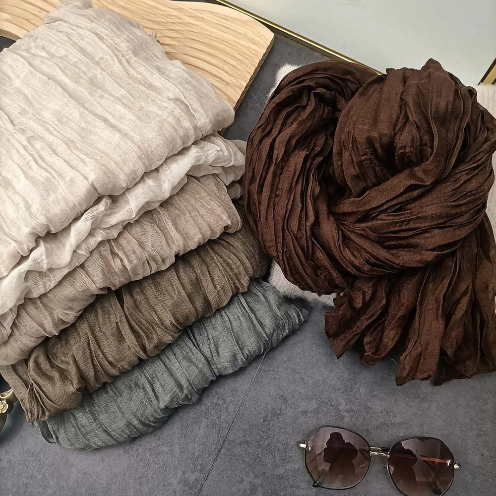 Solid Color Pleated Long Scarves Retro Autumn Winter Cotton Hemp Scarf Warm Neck Wrinkled Twisted Vintage Soft Wrap Shawl