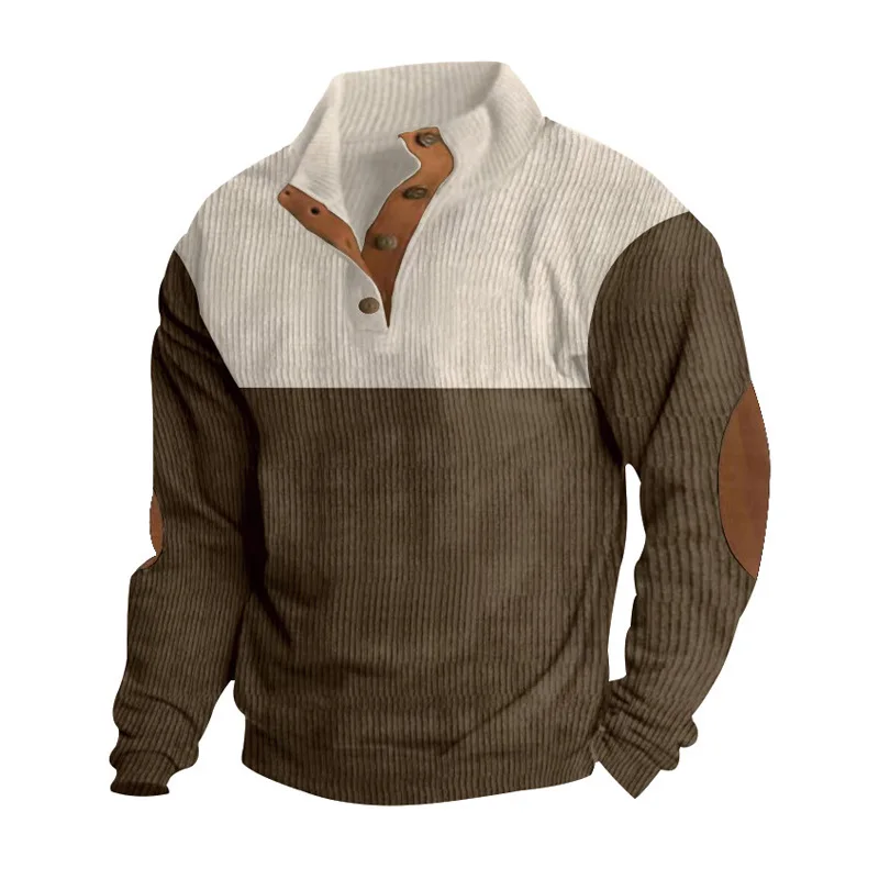 Men's Hoodies Spring And Autumn Corduroy Casual Patchwork Stand Collar Button Sports Hoodie Man Clothing