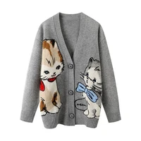 Women Knitted Cardigans Cartoon Cat Pattern Retro Korean Chic Long Sleeve V-neck Sweater Coat Fashion Outerwear Loose Female Top 1