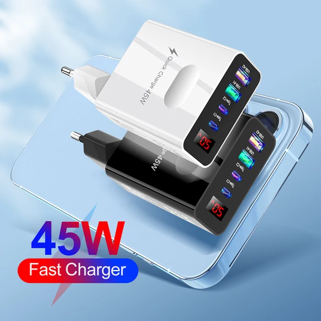 45W Fast Charging Head 2 Type-C 4 Ports Quick Charger Head Digital Display Phone Charging Adapter for iPhone 14 Xiaomi Samsung 3