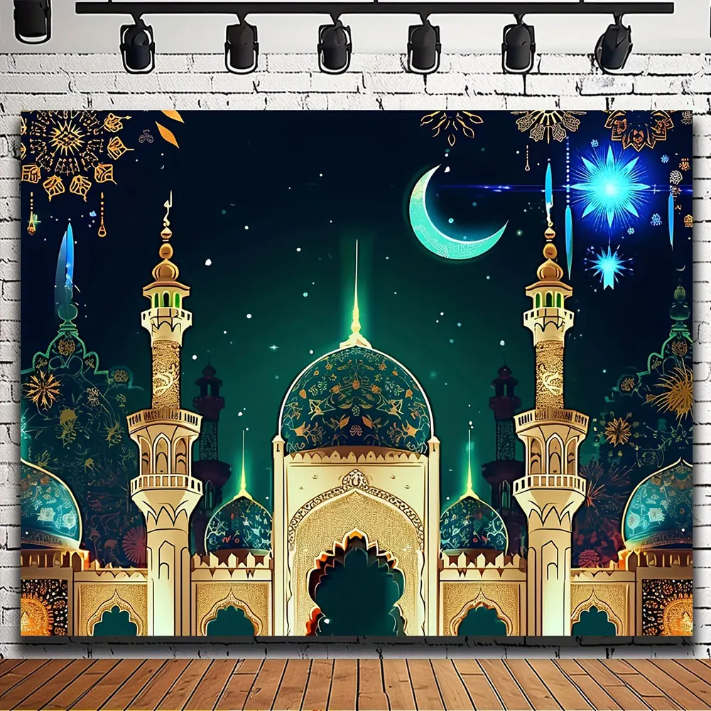 Eid Mubarak Backdrop Ramadan Mubarak Hanging Sign 70x90 Inch Islamic Eid Mubarak Ornament Moon Star Castle Photo Booth Props