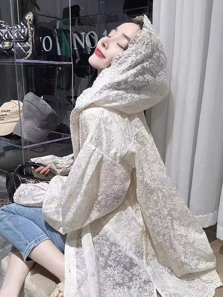 

Popular and Beautiful Lace Embroidery Hooded Shirts Women's Exquisite Hollow Out Lace Tops Sunscreen Shirts Summer 2023