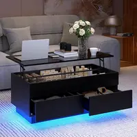 Lift Top Coffee Table with Hidden Storage LED Coffee Table Morden High Gloss Black Living Room 3 Tiers Modern Tea Table