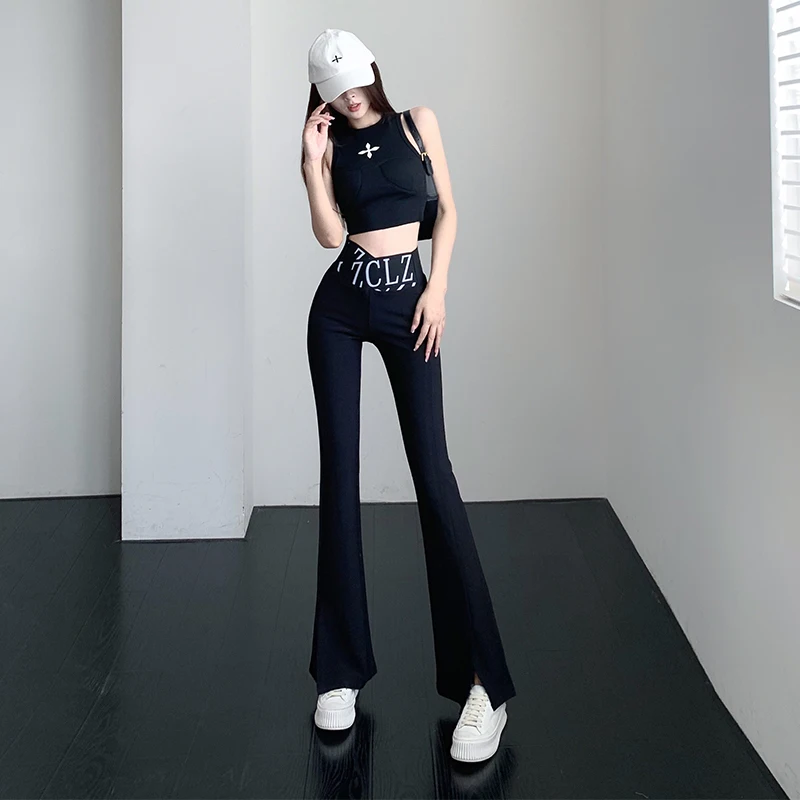 

Autumn New Black Irregular High Waist Letter Women's Clothing Bottoms Vintage Straight Fashion Leisure Split Flare Trouser