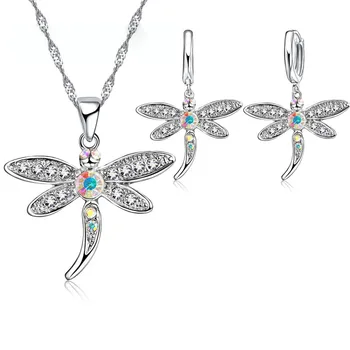 Women's Glitter Colored Cubic Zirconia Necklace And Earrings Set Dragonfly Design 925 Sterling Silver Color Jewelry for Girls 1