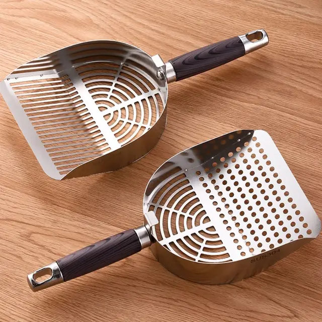Stainless Steel Cat Litter Scoop Long Handle Sturdy Mesh Cat Poop Sifting Tool Wood Handle Non-stick Pet Waste Shovel 5