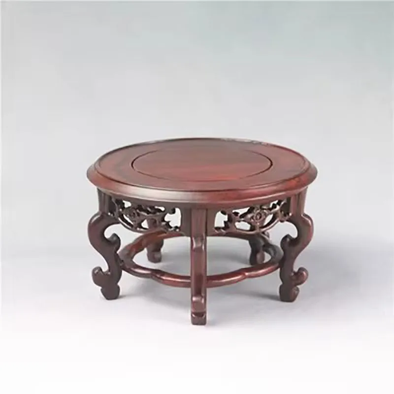 Table d'encens de style chinois classique, table à fleurs circulaire, vase bonsaï, décoration de théière, pierre de diversité antique, base en bois