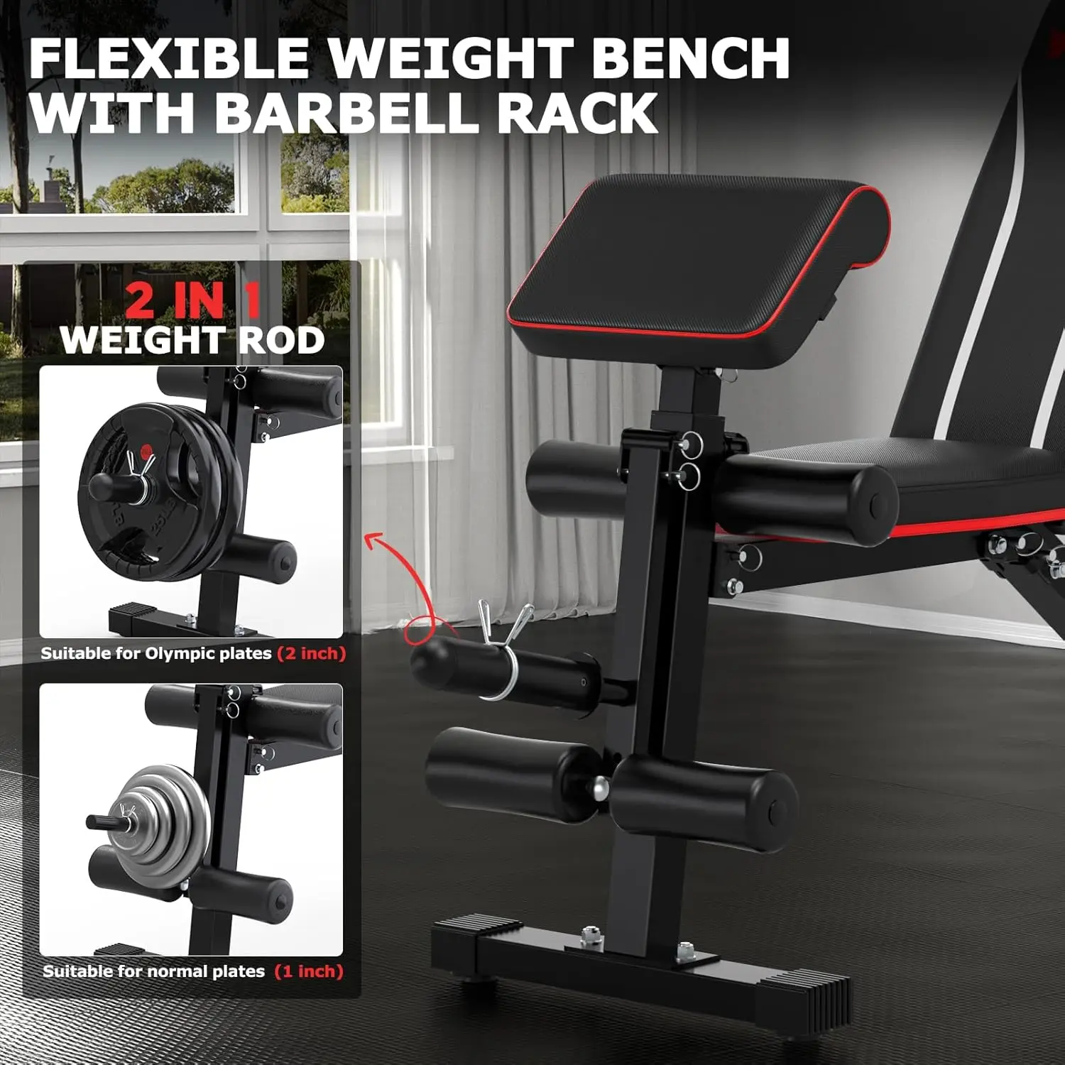 Weight Bench, Foldable Workout Bench for Home Gym, Bench Press with Leg Extension & Preacher Pad, Extra Headrest, Incline Sit Up