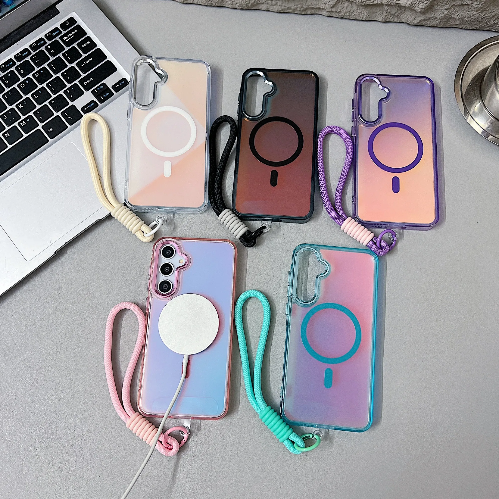 Fashion Laser Gradient Magnetic Lanyard Shockproof Phone Case with Magsafe Compatibility