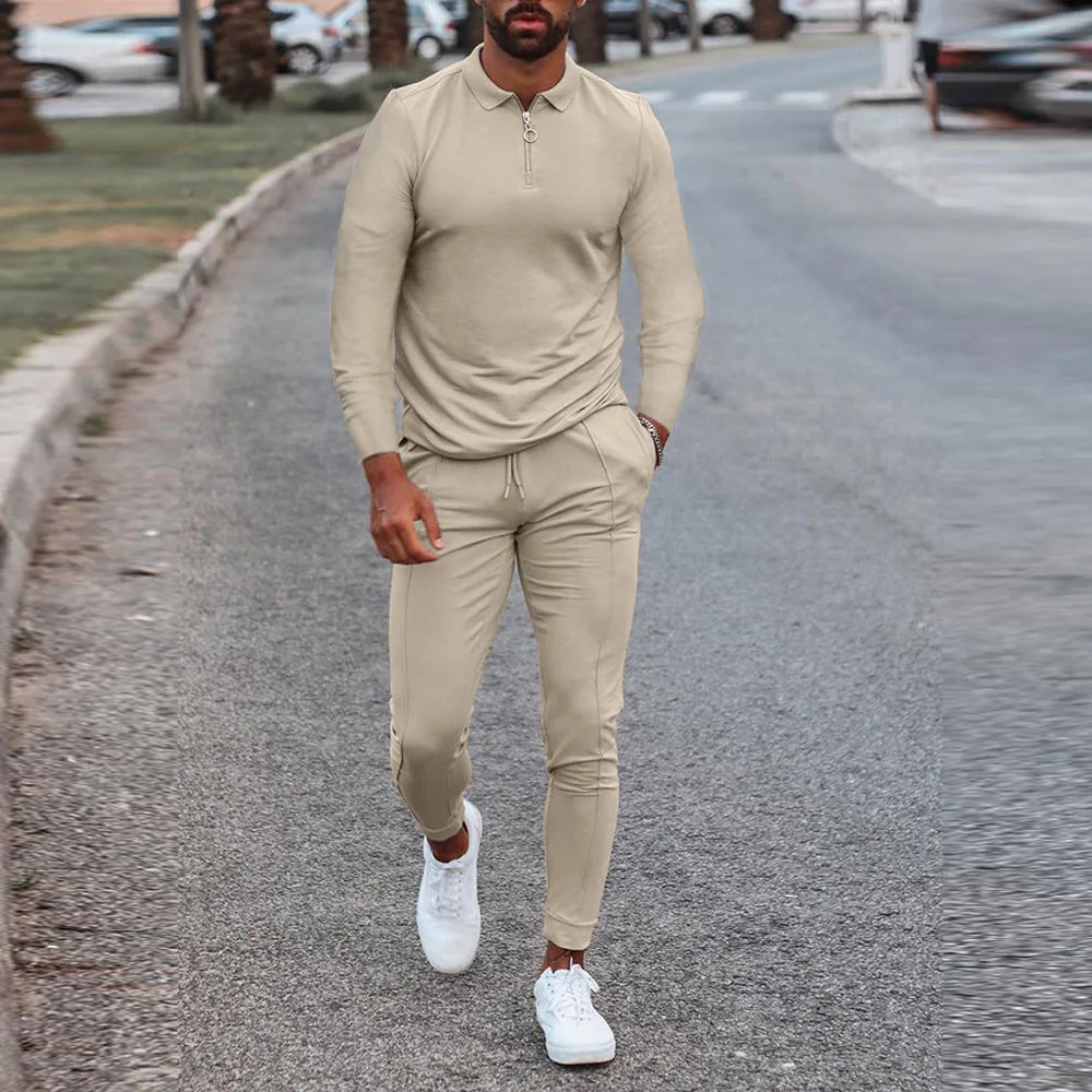 

Men's Pure Color Tracksuit Casual LapelLong Sleeve Polo Shirt&Pants Streetwear Oversized Set for Men 2 Piece Set Spring
